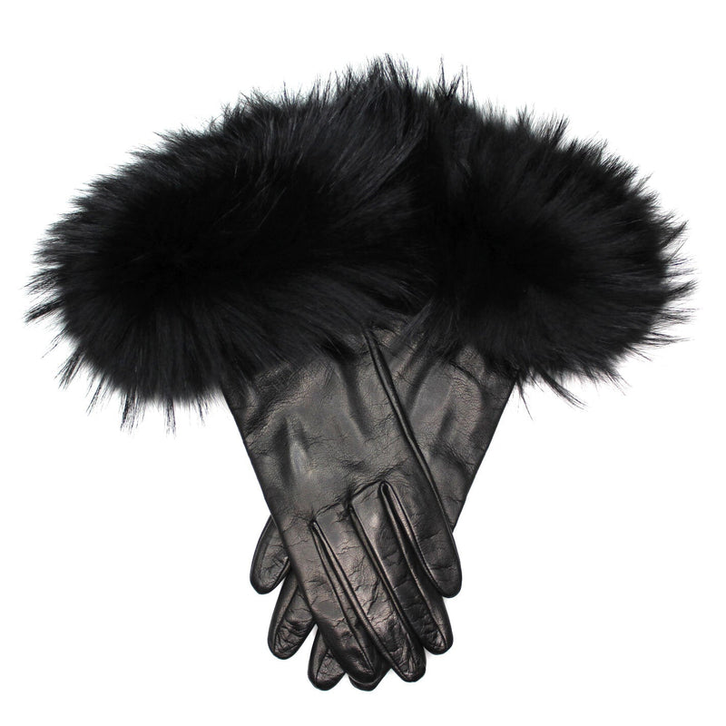 Gants Cuir Femme Fourrure Renard Massive Long - Véronique Massive Long Noir