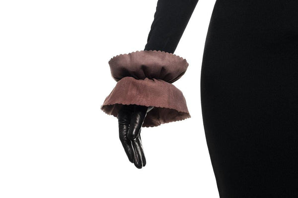Gants en cuir contrastés doublés de soie pour femmes avec poignets à double étage-Danielle 3
