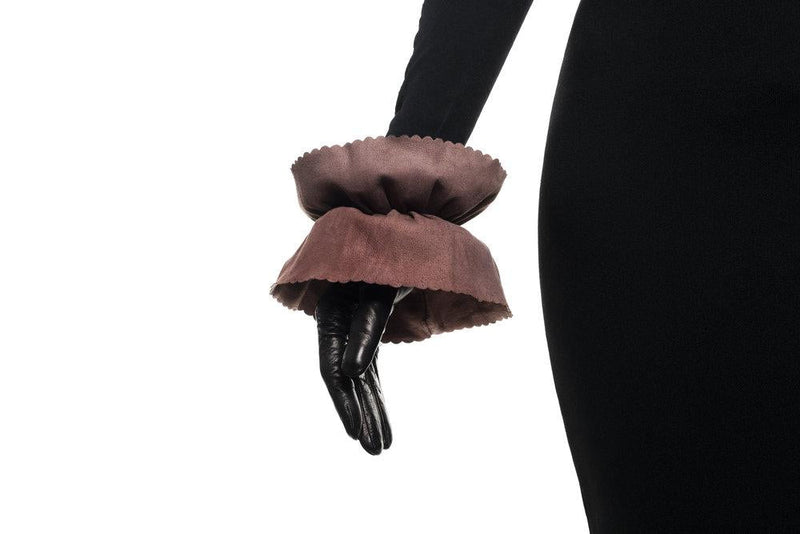 Gants en cuir contrastés doublés de soie pour femmes avec poignets à double étage-Danielle 3