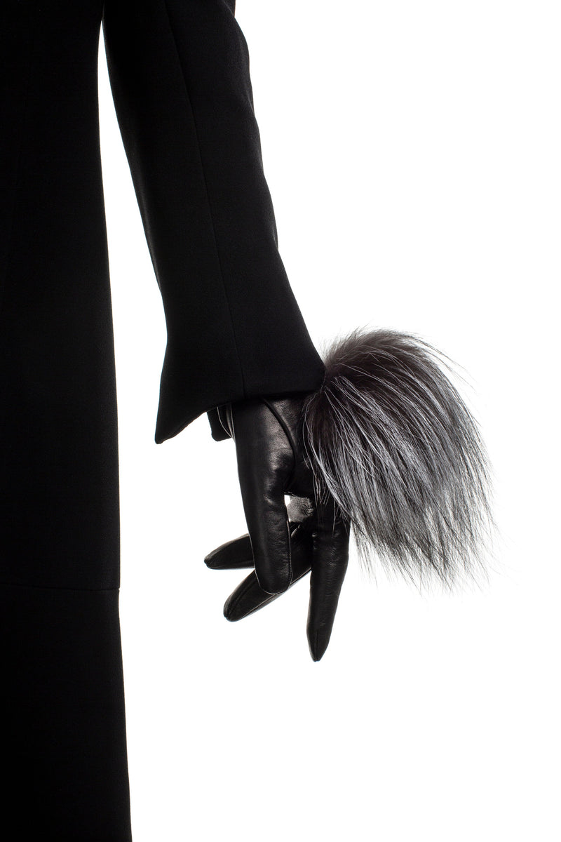 Gants femme en cuir doublés de soie avec pompon en fourrure de renard - Pompon Véronique