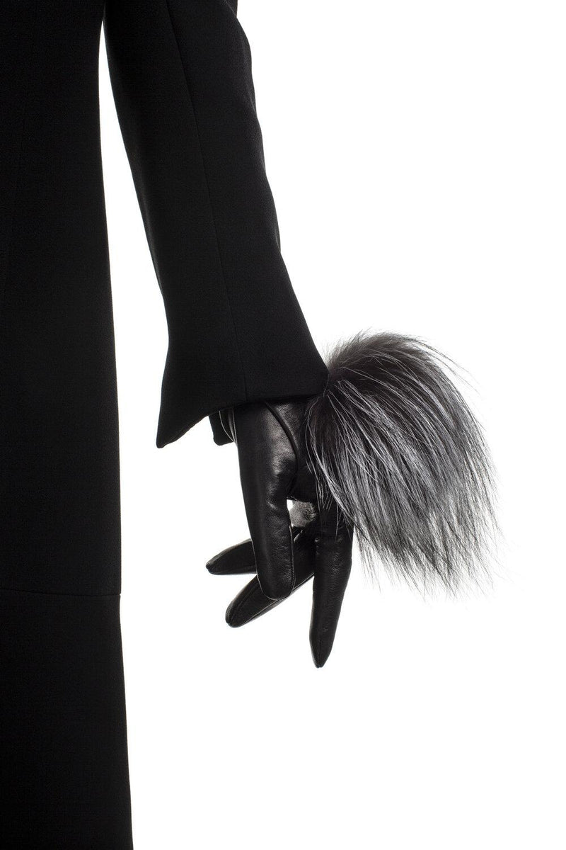 Gants femme en cuir doublés de soie avec pompon en fourrure de renard - Pompon Véronique