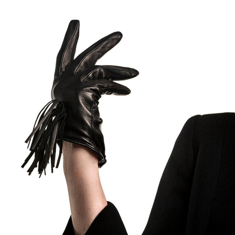 Gants en cuir noir doublés de soie pour femmes avec détails à franges-Rhona