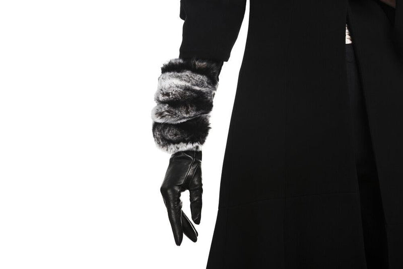 Gants en cuir noir pour femme avec manchette en fourrure de lapin spectaculaire - Veronique Rex
