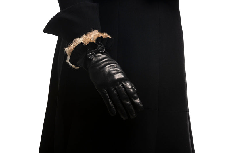 Gants Femme Cuir Doublé Soie Poignets Fourrure Lapin - Veronique Minnie Frill