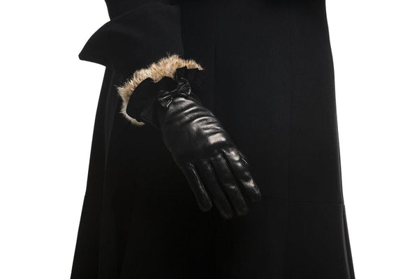 Gants Femme Cuir Doublé Soie Poignets Fourrure Lapin - Veronique Minnie Frill