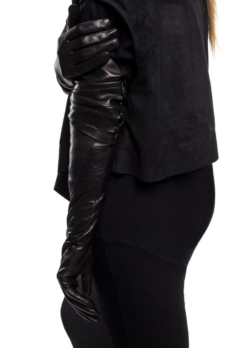 Gants longs en cuir noir pour femme avec poignets cloutés - Rivet Montserrat