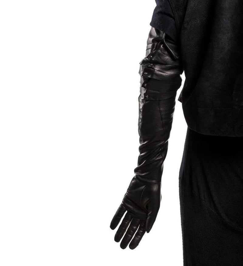 Gants longs en cuir noir pour femme avec poignets cloutés - Rivet Montserrat