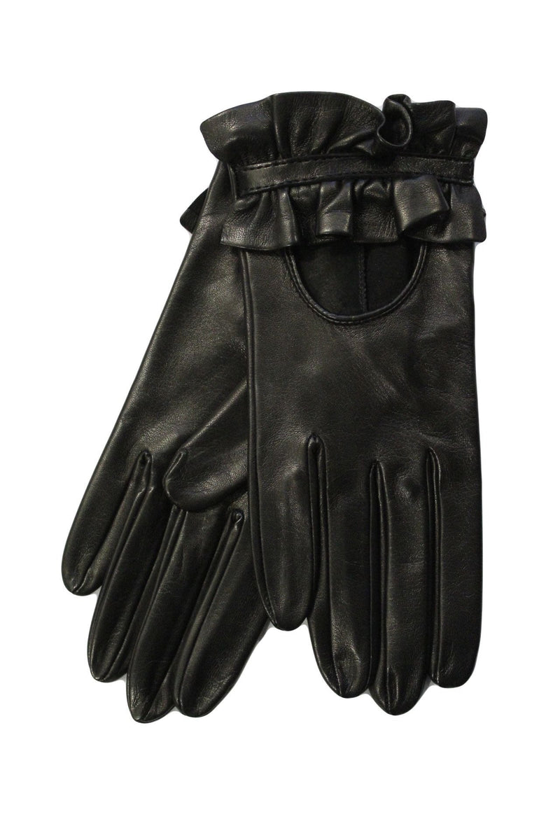Gants en cuir d'agneau noir pour femmes avec poignets froncés au dos-Haylee