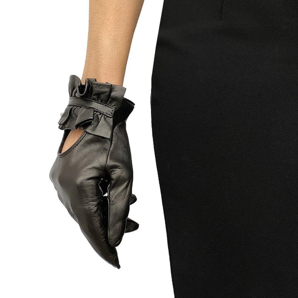 Gants en cuir d'agneau noir pour femmes avec poignets froncés au dos-Haylee