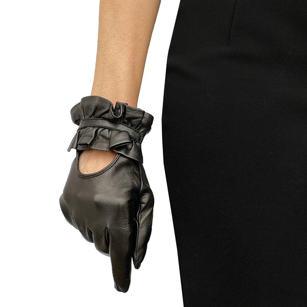 Gants en cuir d'agneau noir pour femmes avec poignets froncés au dos-Haylee