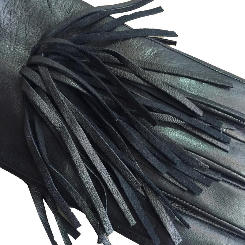 Gants en cuir noir doublés de soie pour femmes avec détails à franges-Rhona