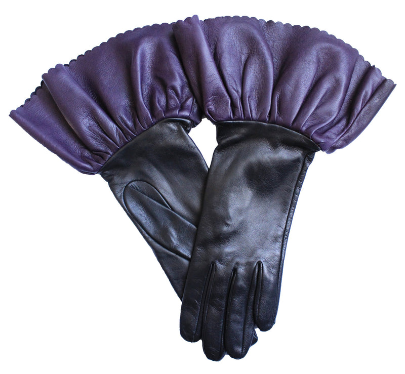 Gants en cuir contrastés doublés de soie pour femmes avec poignets à double étage-Danielle 3