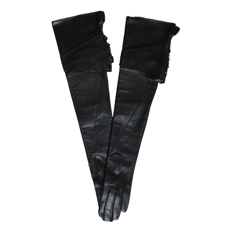 Gants longs en cuir noir pour femme avec poignets cloutés - Rivet Montserrat
