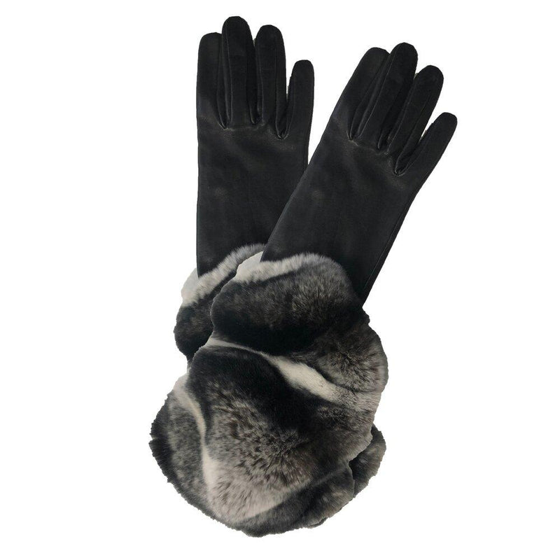 Gants en cuir noir pour femme avec manchette en fourrure de lapin spectaculaire - Veronique Rex