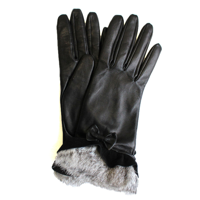 Gants Femme Cuir Doublé Soie Poignets Fourrure Lapin - Veronique Minnie Frill