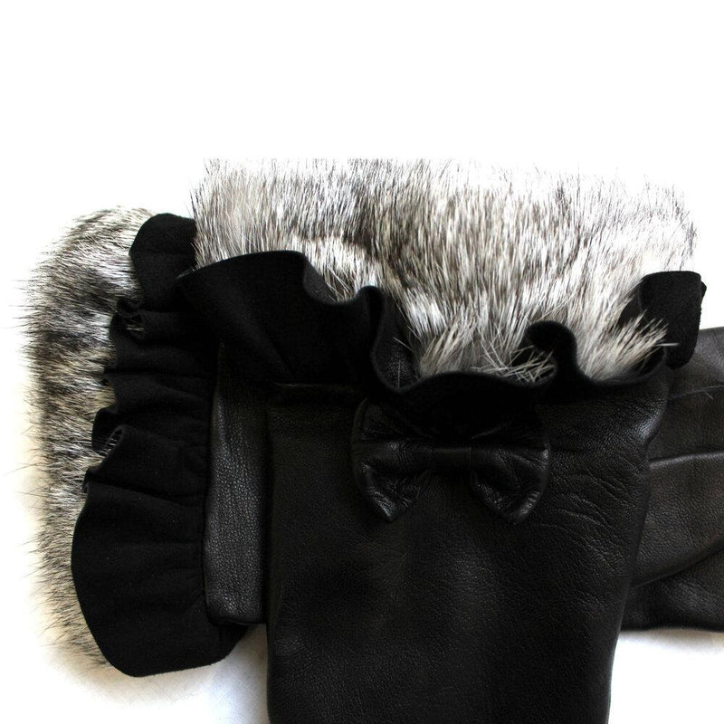 Gants Femme Cuir Doublé Soie Poignets Fourrure Lapin - Veronique Minnie Frill