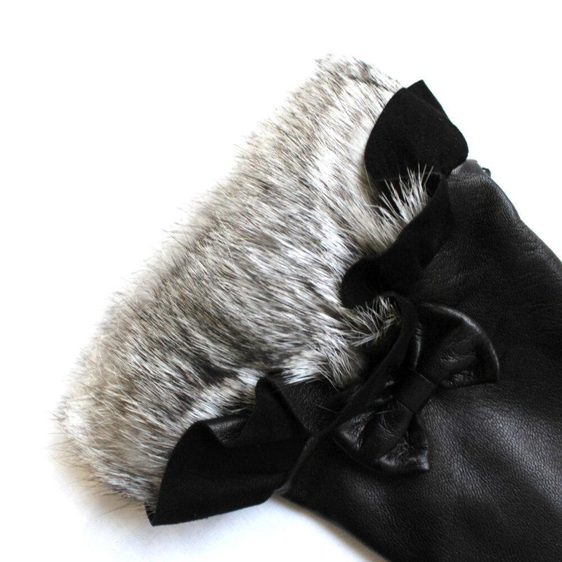 Gants Femme Cuir Doublé Soie Poignets Fourrure Lapin - Veronique Minnie Frill