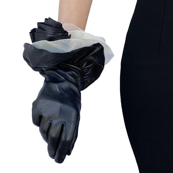 Gants en cuir noir pour femmes avec manchette évasée doublée de soie-Issey