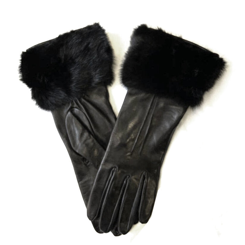 Gants Femme Cuir Doublé Soie Poignets Vison - Veronique Dart