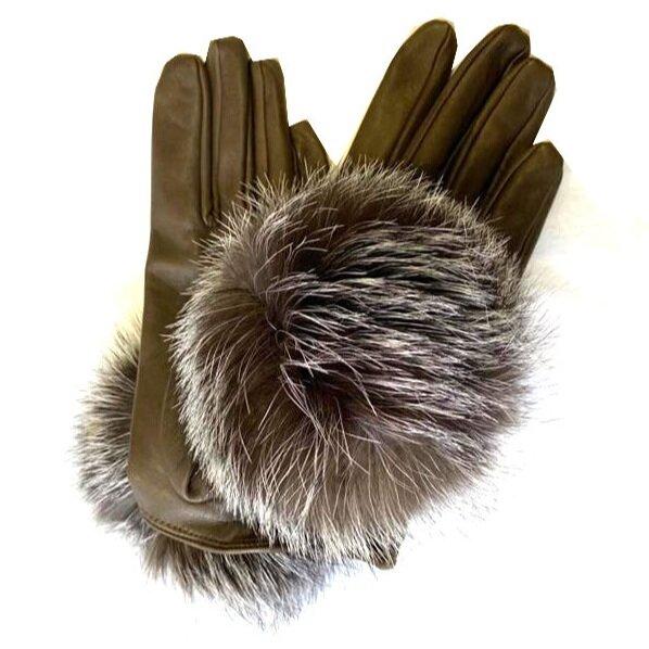 Gants femme en cuir doublés de soie avec pompon en fourrure de renard - Pompon Véronique
