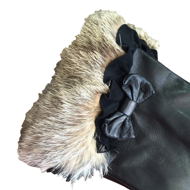 Gants Femme Cuir Doublé Soie Poignets Fourrure Lapin - Veronique Minnie Frill