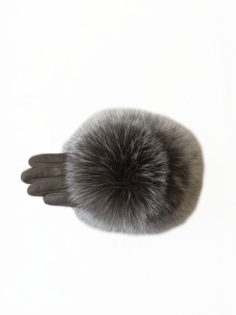 Gants femme en cuir doublés de soie avec pompon en fourrure de renard - Pompon Véronique