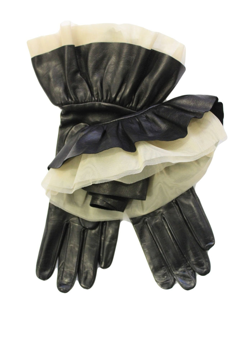 Gants en cuir noir pour femmes avec manchette évasée doublée de soie-Issey