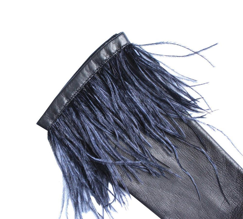 Gants en cuir doublés de soie pour femmes avec poignets en plumes d'autruche-Simone 8BT