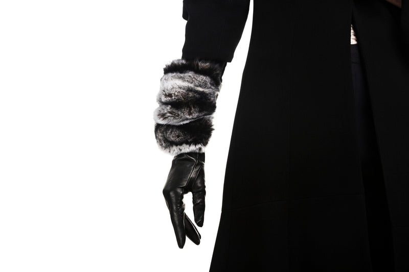 Gants en cuir noir pour femme avec manchette en fourrure de lapin spectaculaire - Veronique Rex