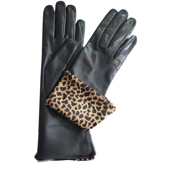 Gants pour femmes en cuir italien noir avec poignets léopard - Francesca Cuff