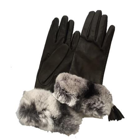 Gants Femme En Cuir Lind Soie Avec Poignets En Fourrure De Lapin-Veronique Tassel