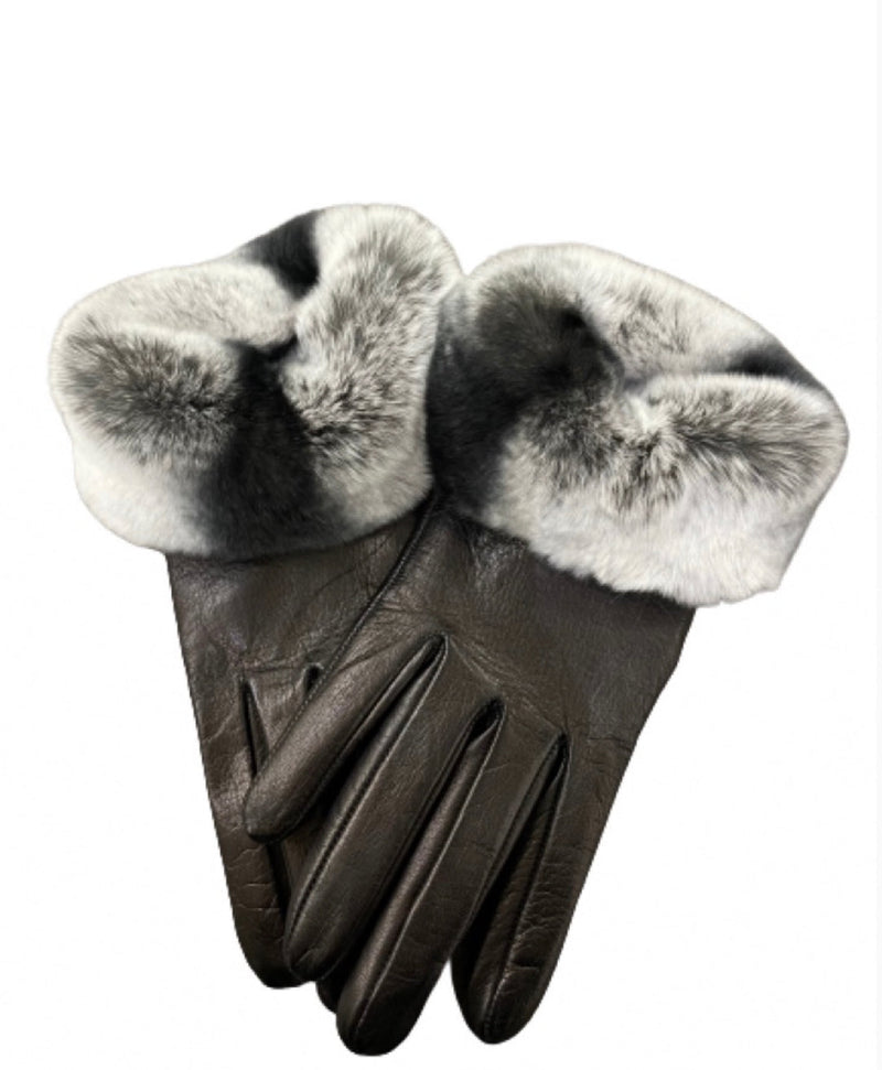 Gant Femme Cuir Doublé Cachemire Poignets Fourrure Lapin -Veronique scoop