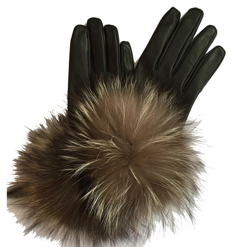 Gants femme en cuir doublés de soie avec pompon en fourrure de renard - Pompon Véronique