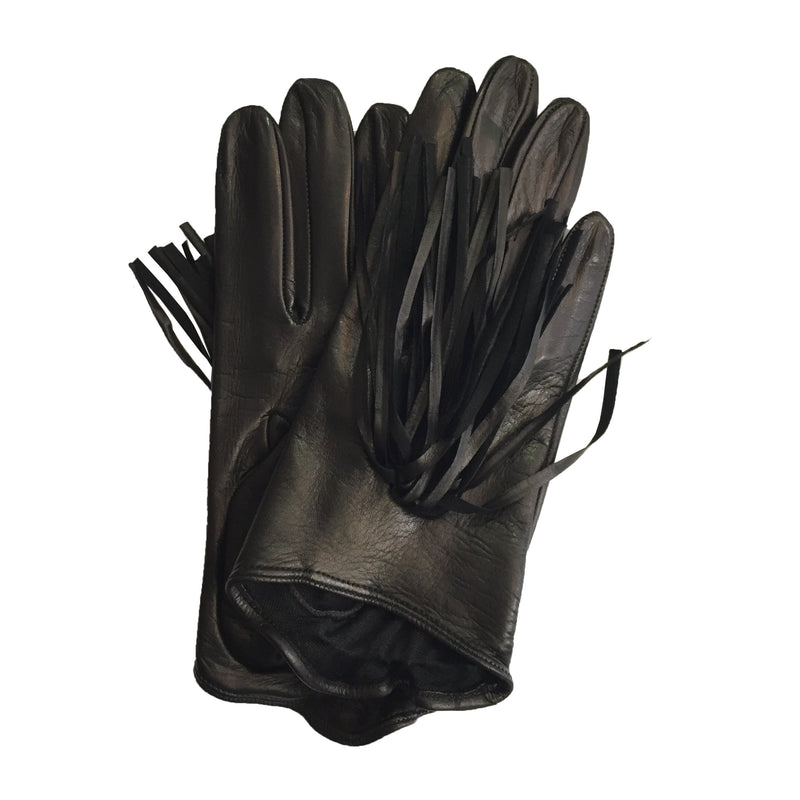 Gants en cuir noir doublés de soie pour femmes avec détails à franges-Rhona