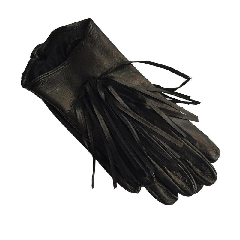 Gants en cuir noir doublés de soie pour femmes avec détails à franges-Rhona