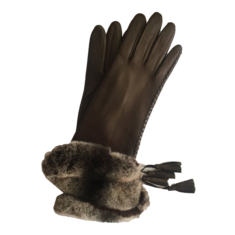 Gants Femme En Cuir Lind Soie Avec Poignets En Fourrure De Lapin-Veronique Tassel