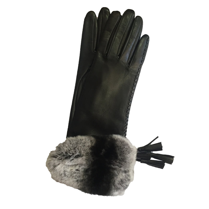 Gants Femme En Cuir Lind Soie Avec Poignets En Fourrure De Lapin-Veronique Tassel
