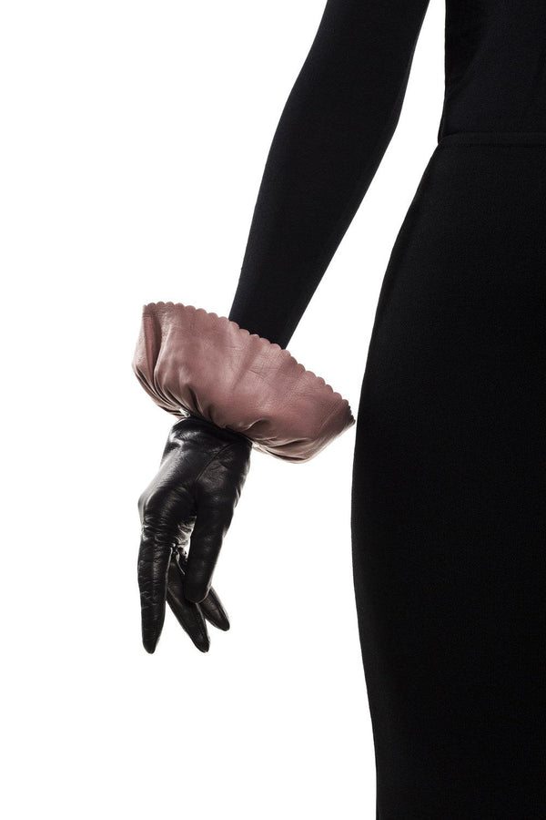 Gants en cuir contrastés doublés de soie pour femmes avec poignets à double étage-Danielle 3