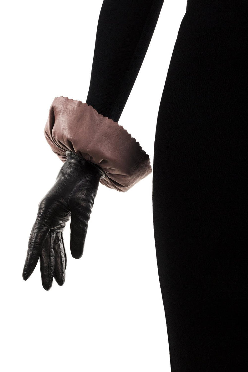 Gants en cuir contrastés doublés de soie pour femmes avec poignets à double étage-Danielle 3