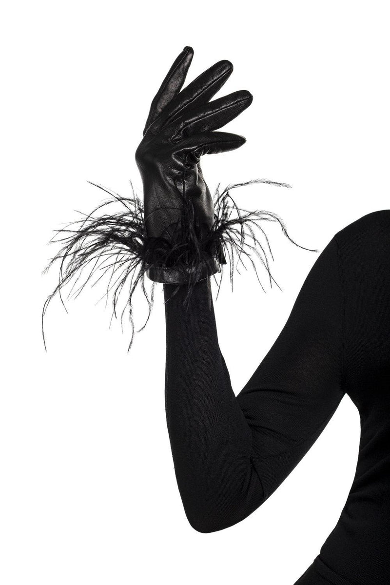 Gants en cuir noir doublés de soie pour femmes avec manchette en plumes d'autruche -Simone