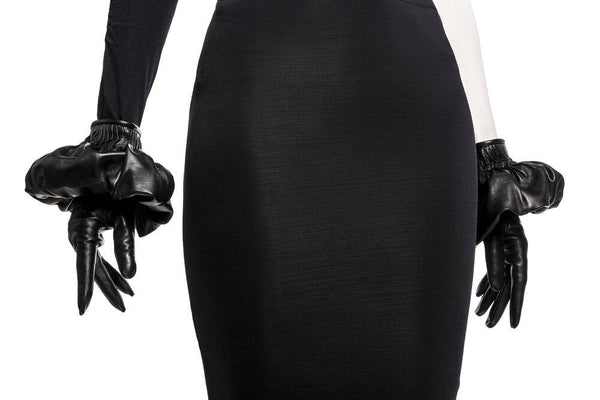 Gants en cuir noir doublés de soie pour femmes avec détails plissés au poignet-Faye
