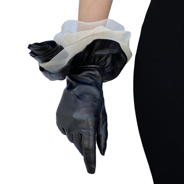 Gants en cuir noir pour femmes avec manchette évasée doublée de soie-Issey