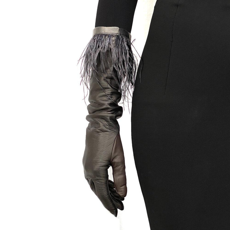 Gants en cuir doublés de soie pour femmes avec poignets en plumes d'autruche-Simone 8BT